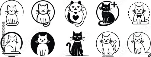 Cute cat logo and icon set with line art and solid styles, adorable feline characters in circular frames isolated on white background