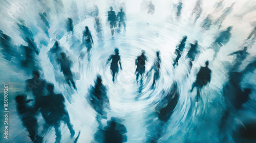 Silhouetted Figures Walking Toward a Bright Light