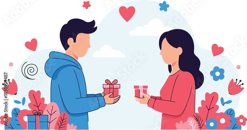 Happy couple exchanging gifts on Valentine's Day vector illustration
