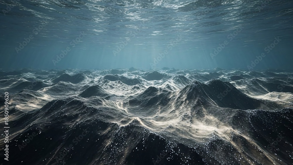 Fototapeta premium Underwater ocean waves with sun rays illuminating the depths of the clear blue sea