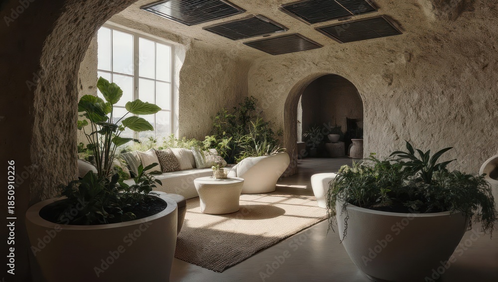 Fototapeta premium Luxurious and Serene Indoor Lounge Area with Lush Green Plants and Natural Light.