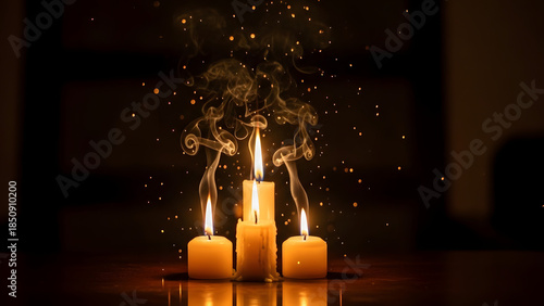 A group of white burning candles with smoke rising in the darkness. Concepts of grief, memorial, hope, peace, worship, tranquility, and spirituality. Ideal for religious and emotional themes

