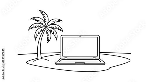 Laptop on a tropical island with a palm tree, remote work concept illustration.