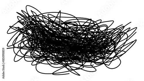 Abstract black scribble pattern on white background, chaotic lines forming dense tangle