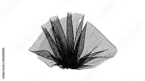 Black tulle fabric swatch, layered and fanned out, isolated on white background.