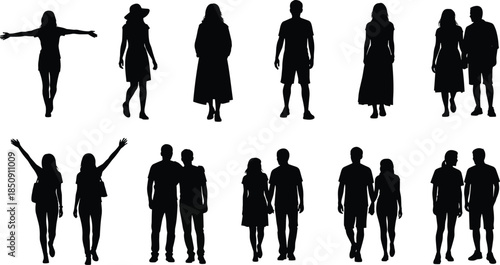 People silhouettes walking illustration, men and women couples and individuals, lifestyle movement poses, black shadow figures, isolated background, cad drawing flat vector illustration