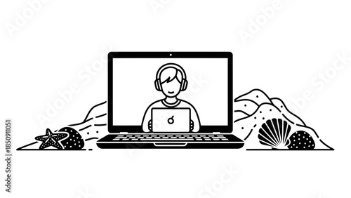 Remote worker with headphones on laptop in beach setting with seashells and starfish