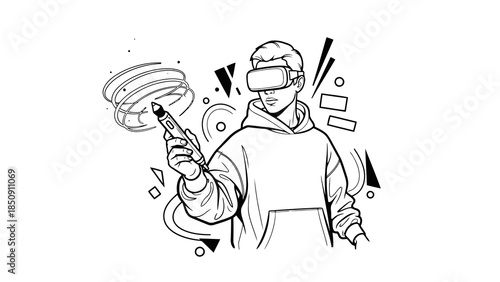 Man wearing vr headset holding a 3d pen, exploring digital creation and virtual reality technology