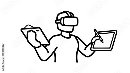 Person wearing vr headset interacting with digital tablet and stylus on white background
