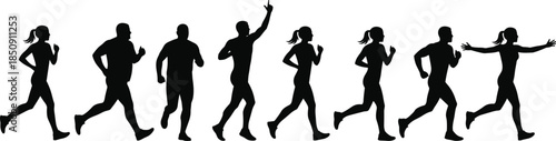 Running people silhouettes illustration, men and women jogging in motion poses, fitness training and marathon activity 