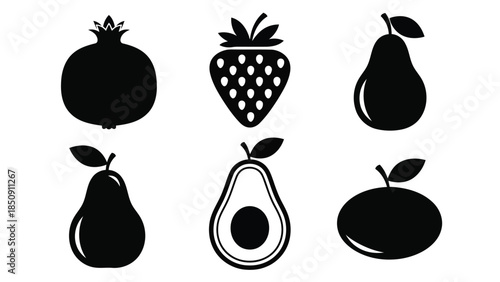 Six black fruit silhouettes isolated on white background vector