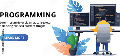 Programming and software development illustration, coder working on multiple screens with code, modern workspace concept banner, technology education theme, cad drawing flat vector illustration