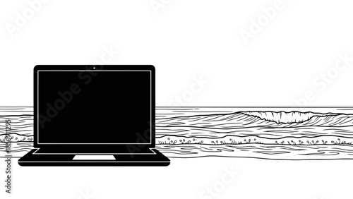 Laptop on beach with ocean waves in background, symbolizing remote work and digital nomadism
