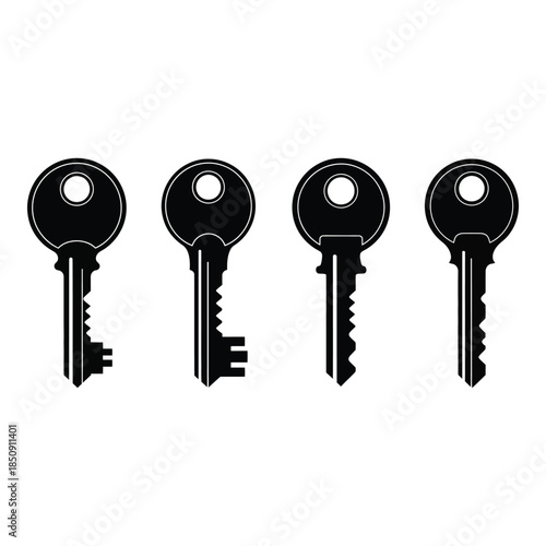 A collection of four different black keys presented in a simple style