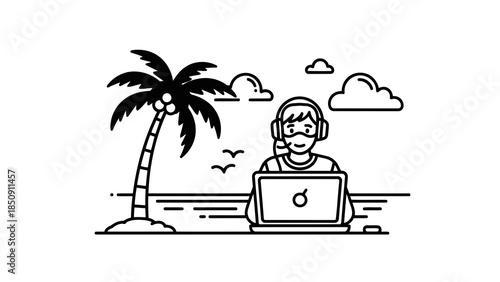 Person wearing headphones and mask works on laptop on beach with palm tree and ocean view