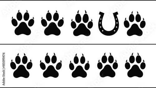 Black paw prints and horseshoe on white background vector