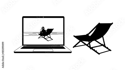 Laptop displaying person on beach chair beside isolated deck chair silhouette