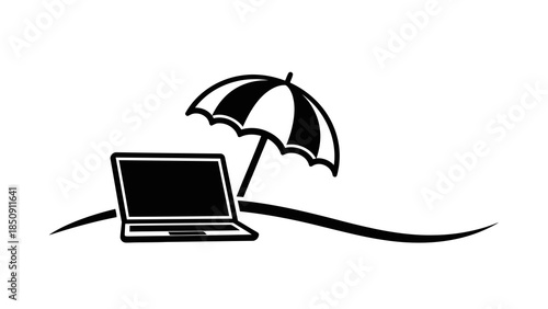 Laptop and umbrella on a sandy beach icon representing remote work and vacation concepts.