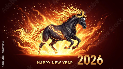 Majestic black horse on fire running into 2026 New Year
