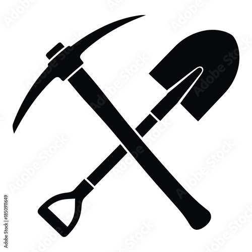 A crossed pickaxe and shovel simple black and white icon illustration