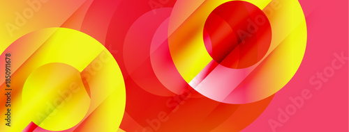 Abstract design features overlapping circles, vibrant reds, yellows. Dynamic composition creates modern visual impact. Smooth gradients enhance depth.
