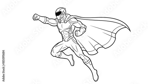Dynamic superhero in action pose with flowing cape, ready for adventure, line art