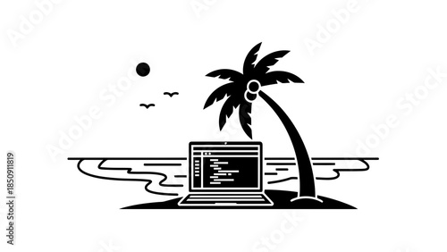 Laptop with code on beach near palm tree with sun and birds, remote work concept illustration.