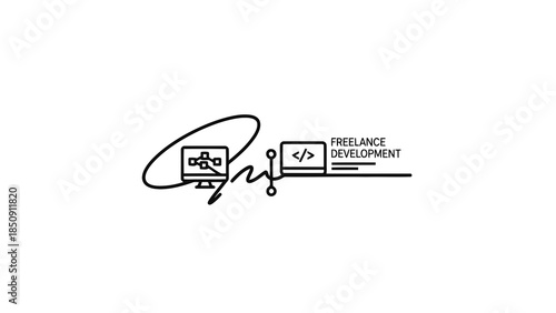 Simple line art illustration of freelance software development workflow with computers.