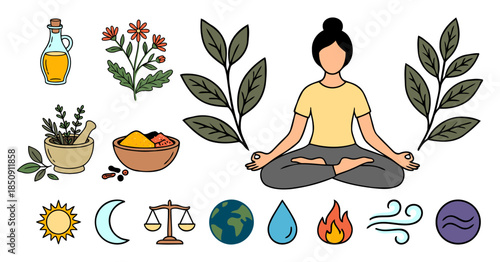 Ayurveda wellness concept illustration showing woman meditating with herbs, spices, natural elements and holistic healing symbols for healthy lifestyle. flat vector illustration