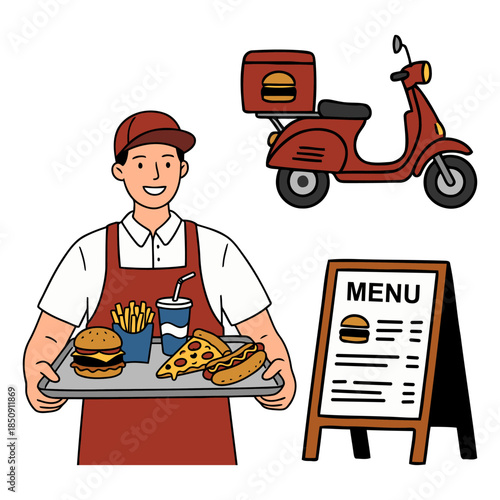Fast food delivery man holding tray with burger pizza and hot dog. Vector illustration of smiling courier standing near red scooter and restaurant menu board.