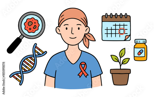 Breast cancer survivor woman with headscarf and pink ribbon surrounded by medical oncology icons like DNA and medicine vector illustration.