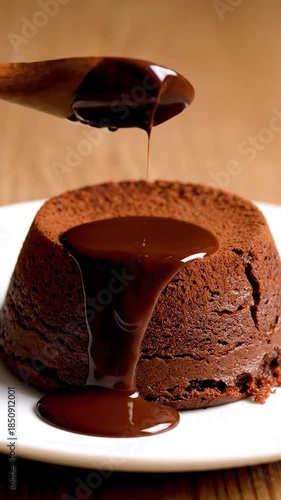 Molten chocolate being poured over a warm, dusted, dark cake on a white plate
