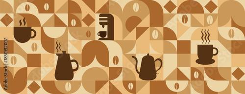Coffee Themed Geometric seamless pattern. Abstract mosaic background. Coffee icons, line design with simple shapes for coffee shops, cafe walls, and menu.