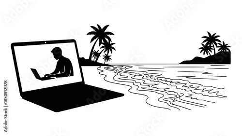 Laptop on beach shows man working remotely with ocean waves and palm trees in background