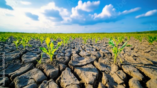 Aerial view of a field with water cracks and rows of sown seeds under clear sky