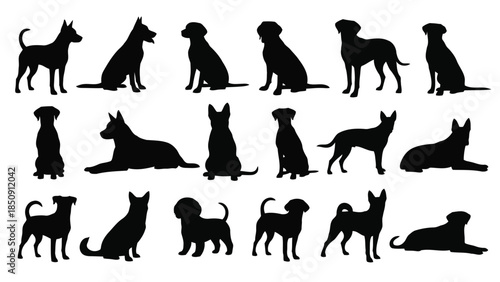 Collection of black dog silhouettes on white background vector