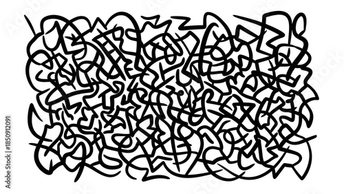 Intricate black scribbles and chaotic abstract lines forming a dense, complex pattern on white