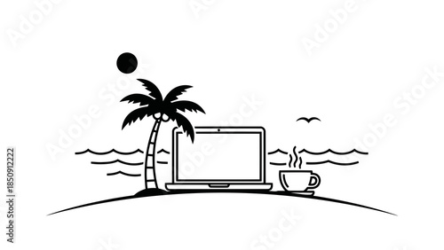 Laptop on tropical island beach with palm tree, coffee, and sun, remote work concept