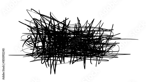 Abstract black ink scribbles forming a chaotic tangled mess isolated on white background.