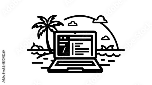 Laptop on beach with palm tree and ocean waves, symbolizing remote work and travel.