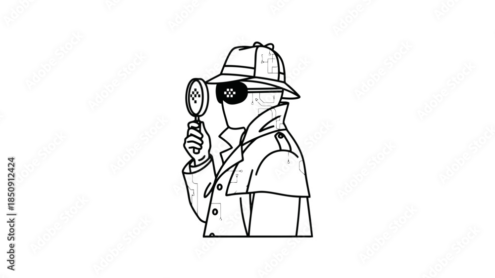 Fototapeta premium Futuristic detective with magnifying glass and cybernetic eye, observing data