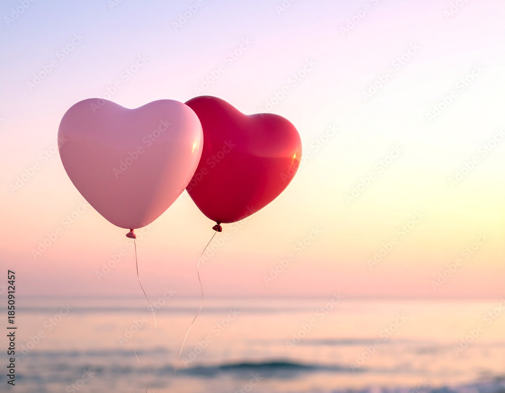 Fototapeta premium Two heart shaped balloons float over the ocean at sunset, symbolizing love and romance