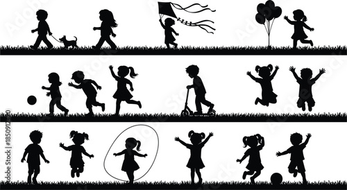 Children silhouettes playing outdoors joyful childhood activities jumping running with balloons kite fun happy kids black vector illustration set isolated white background playful collection