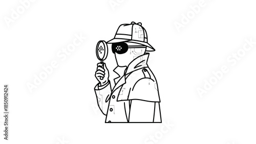 Futuristic detective with magnifying glass and cybernetic eye, observing data