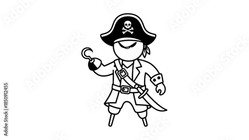 Stylized cartoon pirate with hook and sword, wearing hat with skull and crossbones emblem