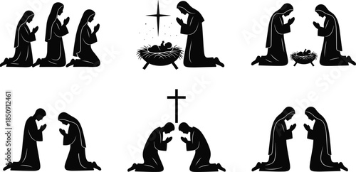 Christian nativity silhouette, holy family praying, baby Jesus in manger, Mary and Joseph kneeling, religious faith illustration, Christmas worship scene, spiritual devotion artwork