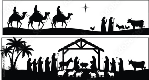 Christmas nativity scene silhouette with three wise men, holy family, shepherds, animals, Bethlehem star, biblical birth illustration for Christian holiday celebration, traditional, religious, artwork