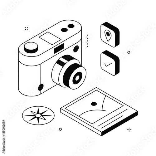 Isometric illustration of travel photography, camera and photos for tourism and adventure travel