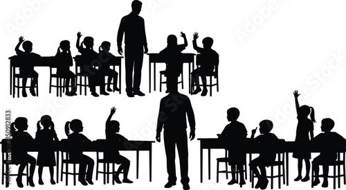 Classroom silhouette, teacher instructing students, children raising hands, education concept, learning environment, school classroom activity, teaching illustration,