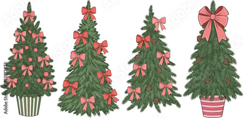 Christmas tree illustration set with decorative bows, festive holiday pine trees, winter celebration design, colorful hand drawn seasonal artwork collection for greeting card use